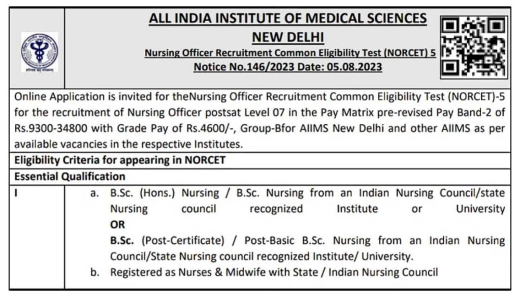 AIIMS NORCET 2023 Notification Out Apply Online For Nursing Officer Posts