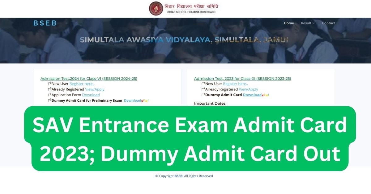 SAV Entrance Exam Admit Card 2023; Dummy Admit Card Out