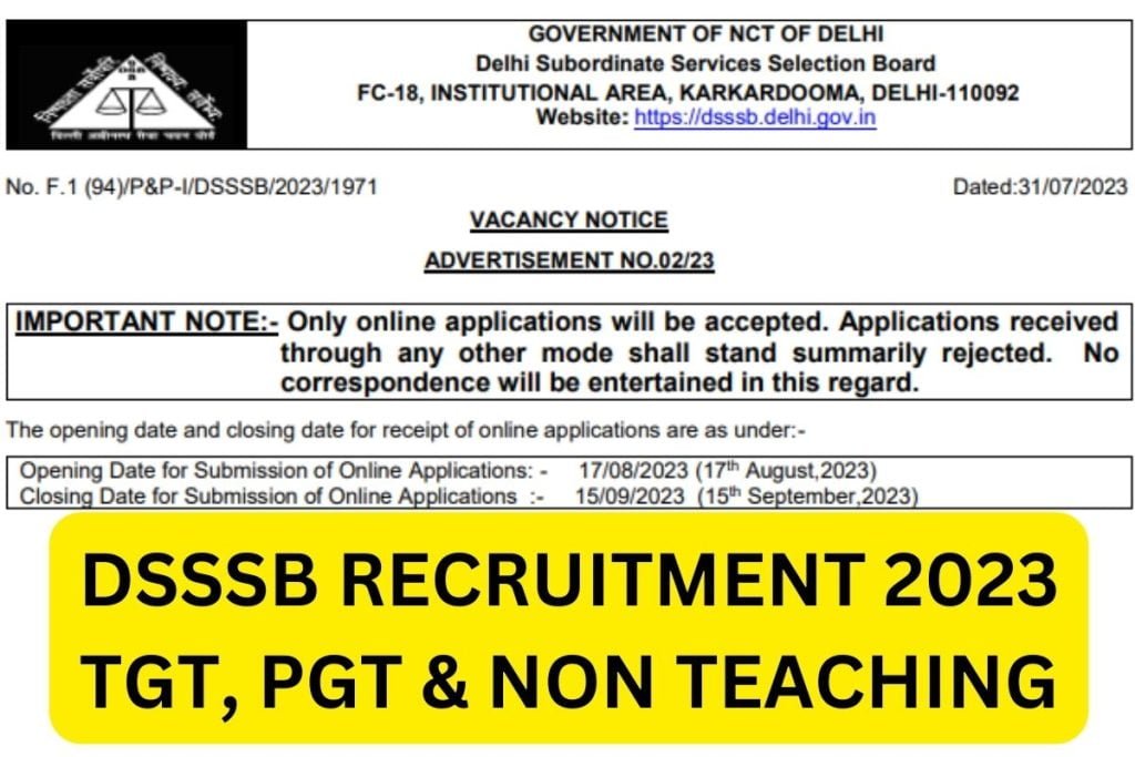 डीएसएसएसबी भर्ती 2023, टीजीटी पीजीटी अधिसूचना, पात्रता, आवेदन पत्र